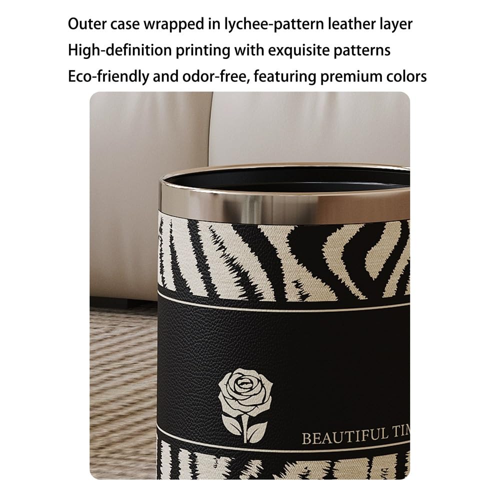 Papelera de doble capa, papelera de oficina con tapa abierta, papelera metálica con tapa de cuero, bolsa de basura oculta.(10L)