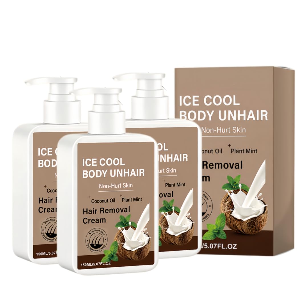 Ice Cool Haarentfernungscreme – Sanfte Enthaarungscreme (3 Stück) | Mit Kokosöl & Minze–Für Beine,Arme,Achseln & Bikinizone–Schmerzfrei & leicht abwaschbar–Unisex (für Damen & Herren)