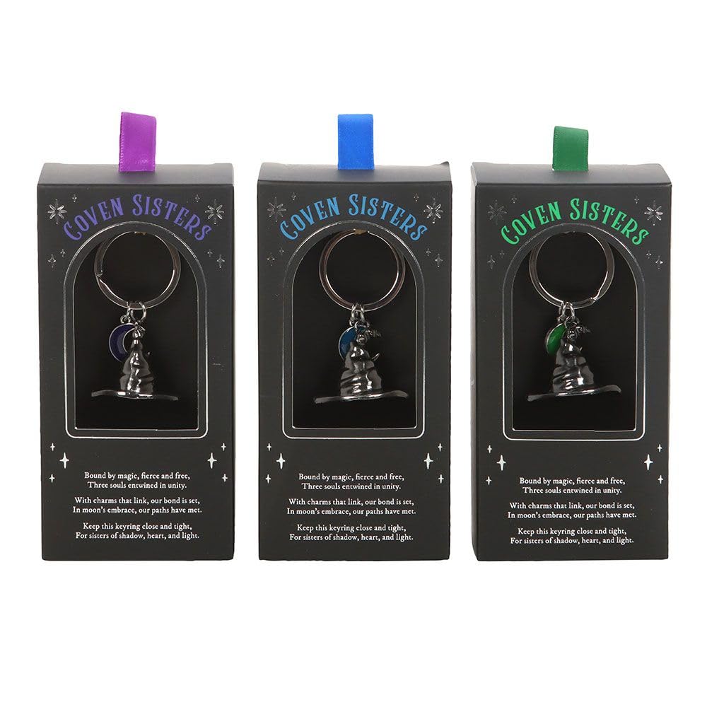 Something Different Wholesale Women's Silver Coven Sisters Witch Hat Keyrings | Set Of 3 Crescent Moon Charms | Witchy Accessories | Friendship Gift | Enchanted Keyring Set