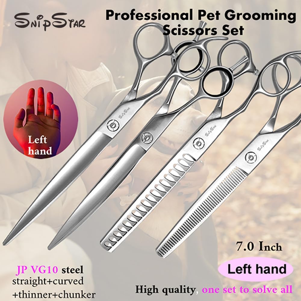 7 pollici forbici professionali per animali domestici 4PCS Set mano sinistra VG10 acciaio dritto/curvo/Thinning e Chunker forbici per la cura del cane, Tasso di thinning 25-45%