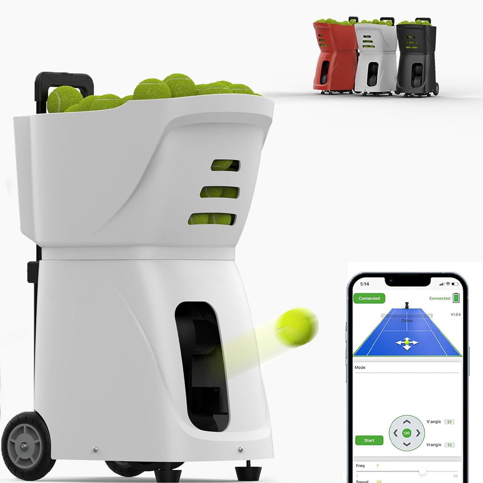 Máquina lanzapelotas de tenis, lanzador automático pelotas tenis portátil para entrenamiento todos los niveles, ejercicios preprogramados y personalizados, completo con aplicación/control remoto,White