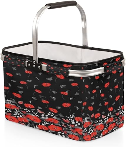 Cesta de picnic plegable negra de cártamo, cesta grande plegable de mercado, marco de aluminio, lindas cestas de compras, reutilizables, para