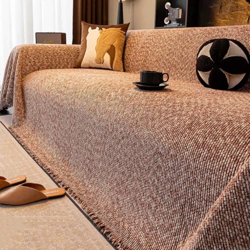 IJNBHU Funda de Sofá de Chenilla Suave,Funda para sofá de 2 y 3 plazas, Lavable, en Forma de L, Funda de sofá Modular con borlas, Protector de Muebles,Marrón,180 * 380cm