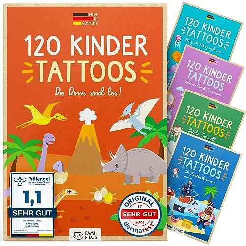 Famifidus - 120 Skin-friendly Kids Tattoos - Dermatologically Tested & Rated VERY GOOD - Made in Germany - Our Temporary Tattoos for Kids (Dinos Theme)