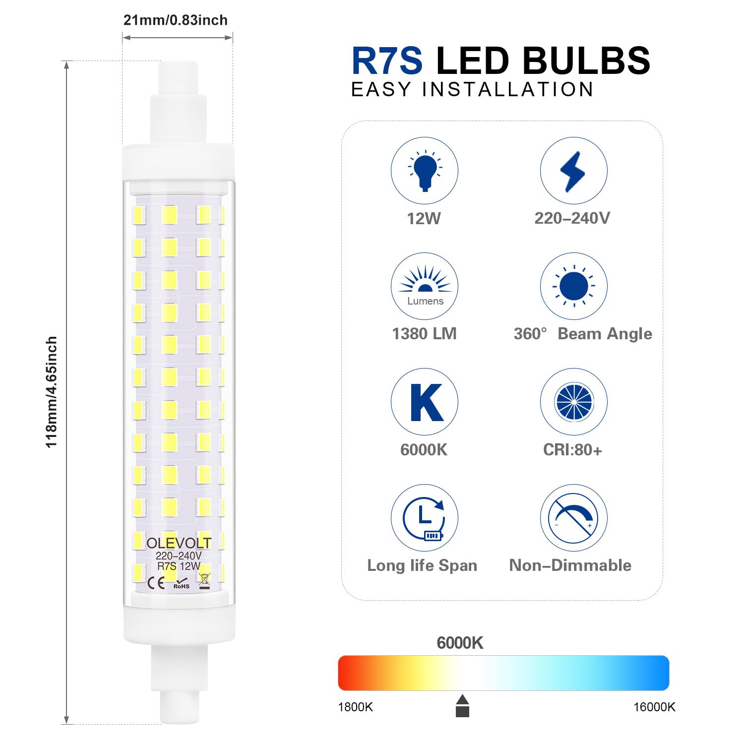 OLEVOLT Lampadine R7S 118mm LED 12W Luce Fredda 6000K 1380LM, Equivalente a Lampada Alogena R7S J118 120W, AC 220-240V, R7S LED 118mm Non-Dimmerabile Nessun Sfarfallio, Set di 2