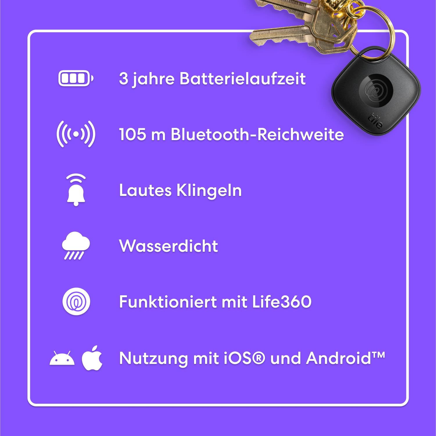 Life360 Tile - Bluetooth-Tracker, Schlüssel- und Gegenstandsfinder für Schlüssel, Taschen und mehr. Handy-Finder. iOS- & Android-kompatibel. Handy-Finder. 1er-Pack (Schwarz)