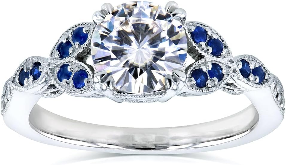 Kobelli Antique Style Moissanite and Blue Sapphire Engagement Ring Accents 1 1/5 CTW 14k White Gold