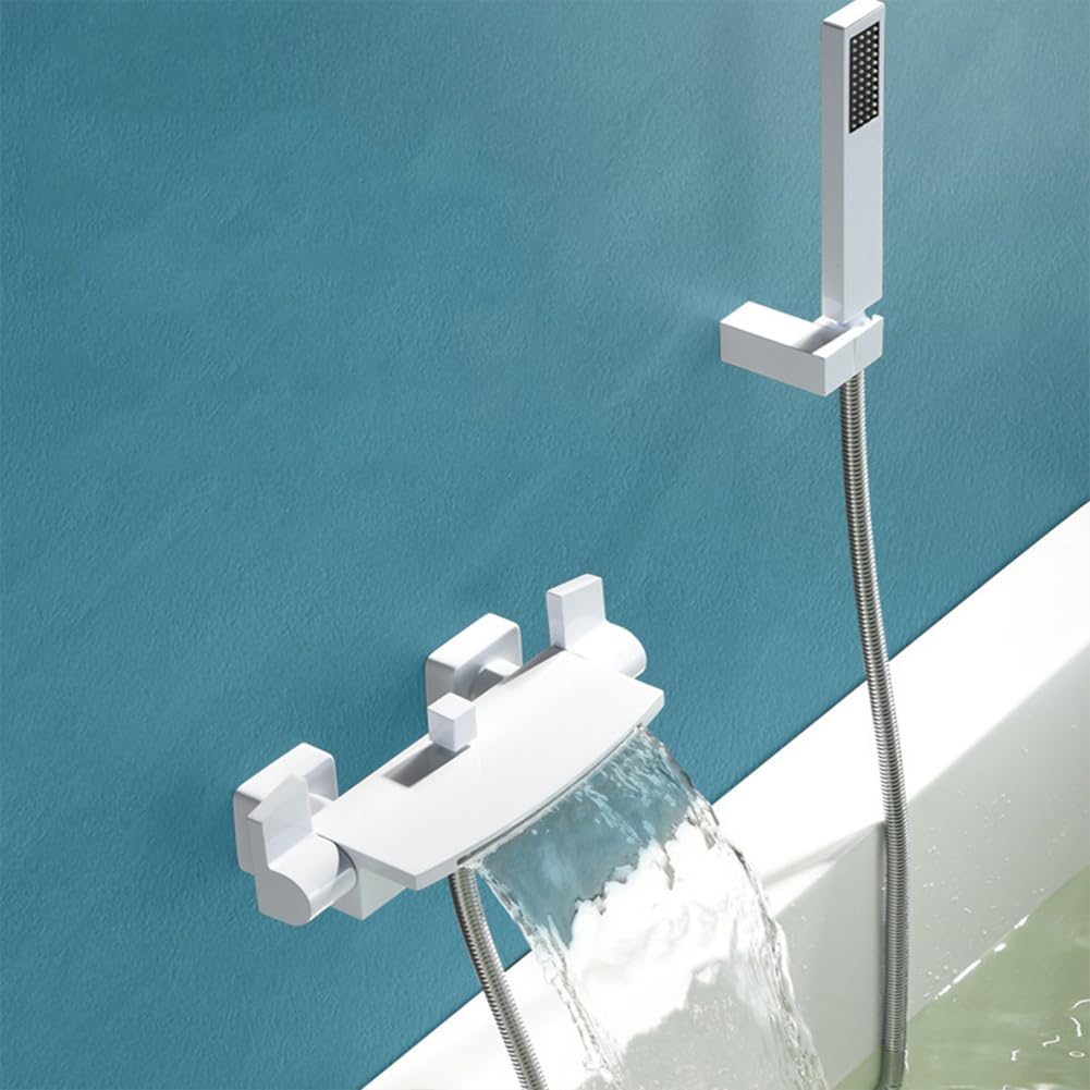 ry Rubinetto per vasca da bagno in ottone con cascata a cascata miscelatore doccia a parete doppia H include soffione doccia portatile e tubo da 150 cm per lavabo da bagno bianco h