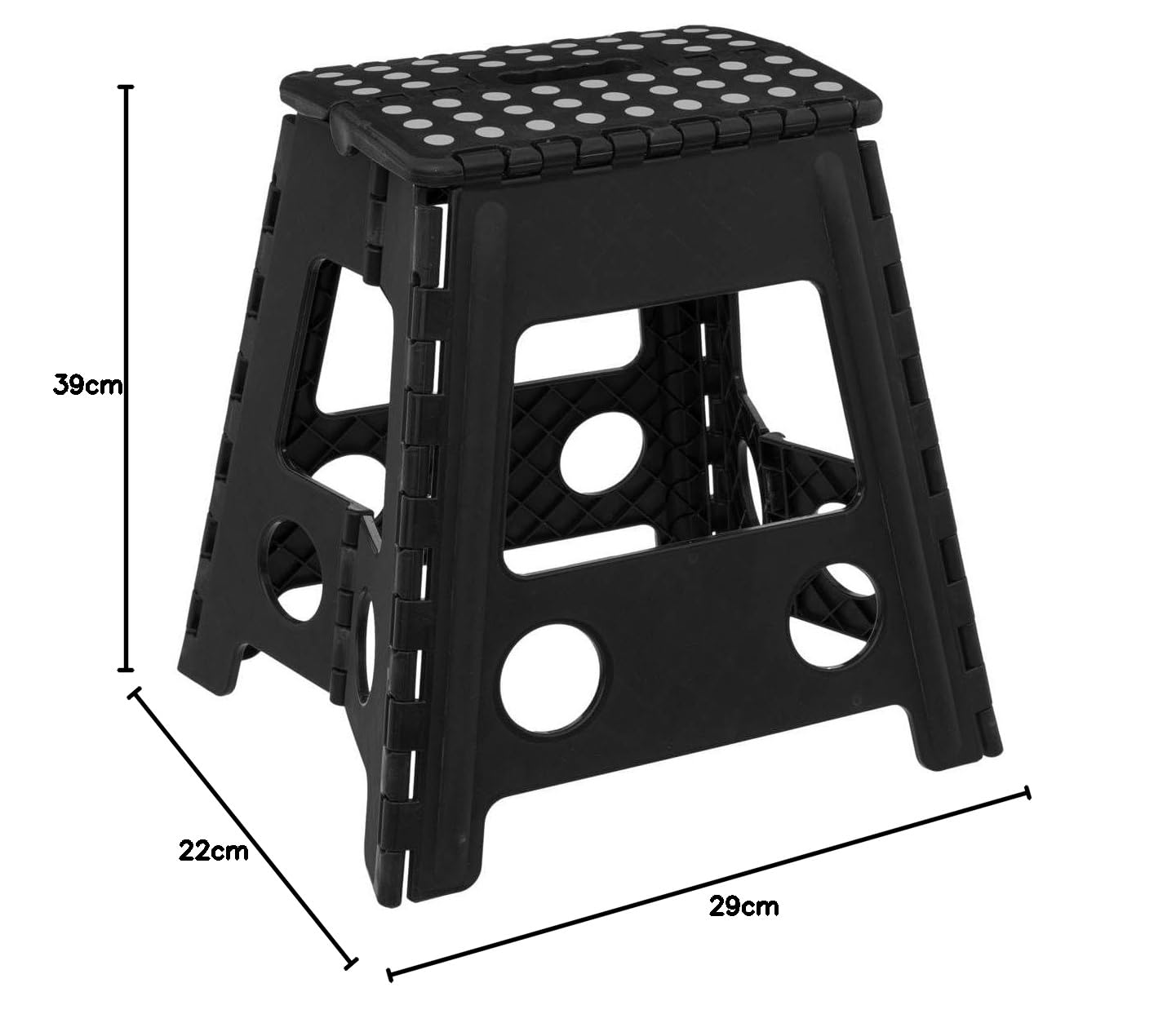 5five - Taburete Plegable de plástico, Negro, 1 peldaño, 39 cm, Cierre de Seguridad, fácil Almacenamiento, Revestimiento Antideslizante, Carga máxima 110 kg