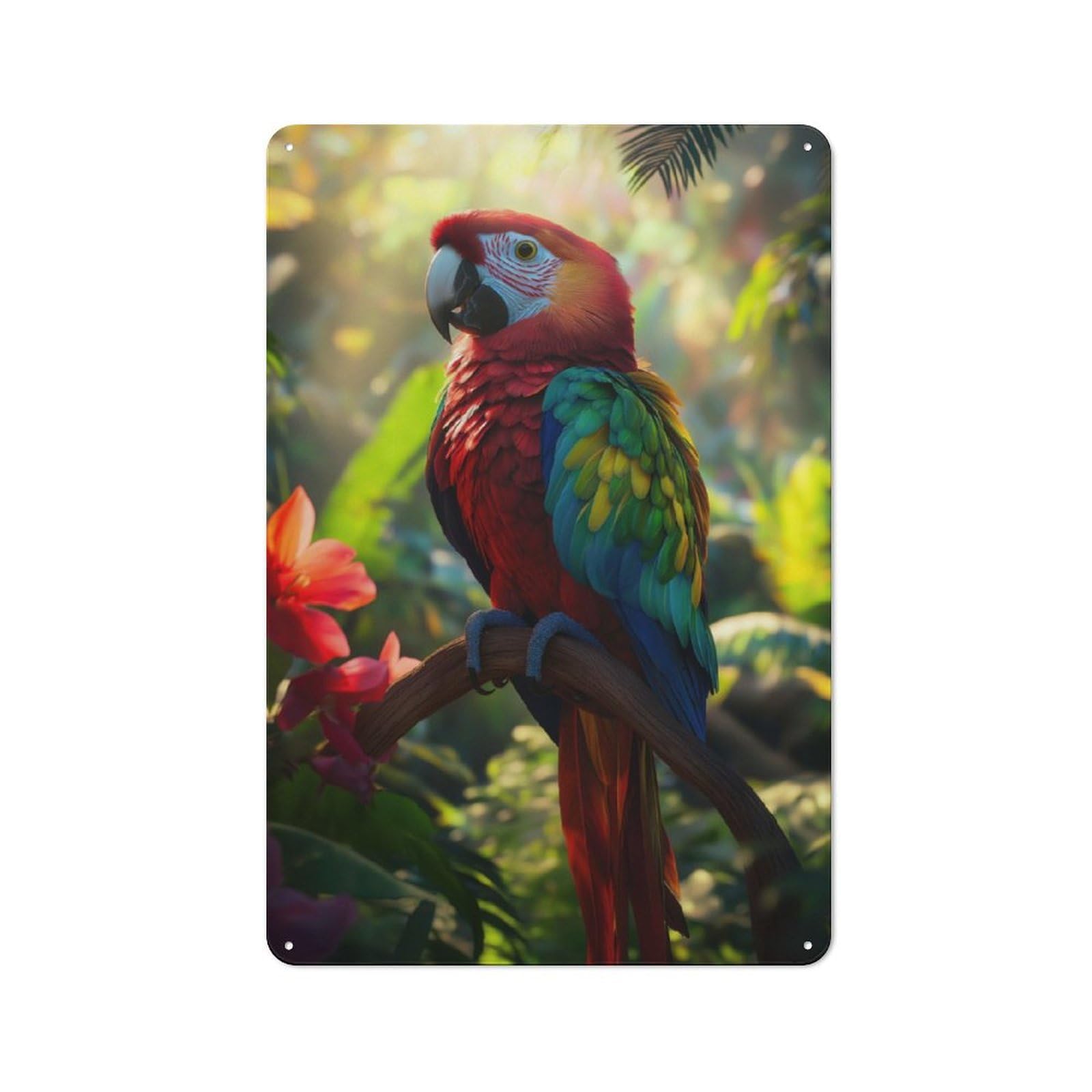 Junmoney Scarlet Macaw Parrot In Jungle Rustic Tin Wall Plaque 30X20cm For Guest Room Or Hallway, For Garage, Workshop And Man Cave Decoration