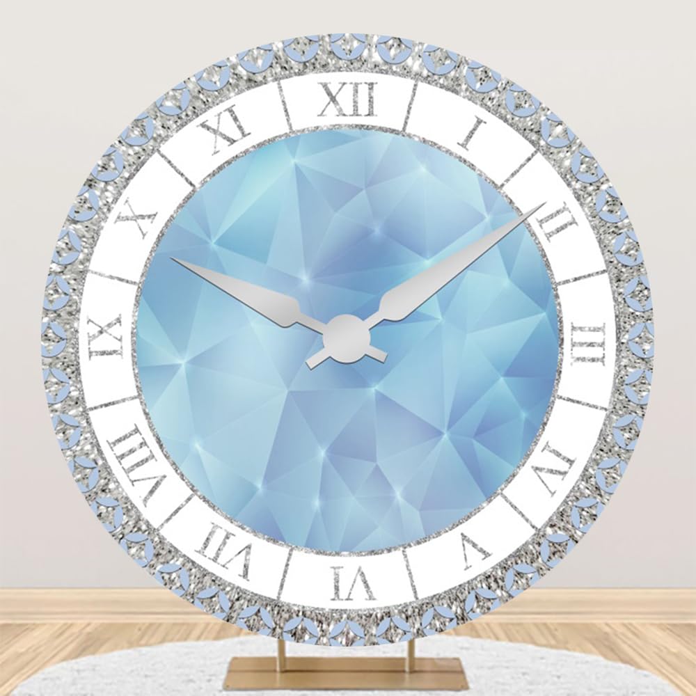 TTQYFNM 7.5x7.5ft Crystal Clock Round Backdrop Cover Luxury Silver and Blue Clock Circle Background for Photography Girls Newborn Baby Shower Women