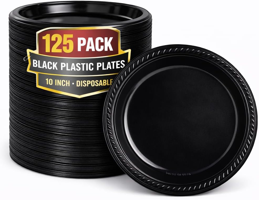 10 Inch Round Black Plastic Plates - Disposable, Pack of 125