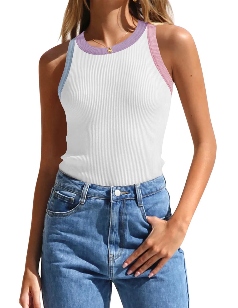 ZESICAWomens Summer Sleeveless Tank Tops Ribbed High Neck Racerback Slim Fitted Color Block Casual Shirts