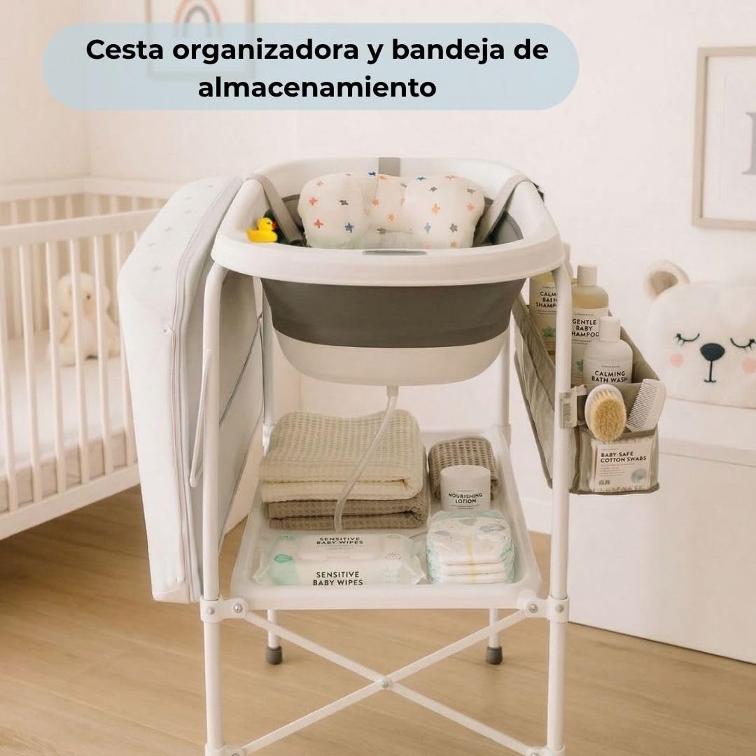 BATHBY Bañera Bebé con Patas Multifuncional 6 en 1: Plegable con Soporte, con Termómetro, Cojín Reductor, Cambiador, Bandeja y Cesta Organizadoras, Desagüe con Tubo y Soporte para Ducha, (Gris Pro)