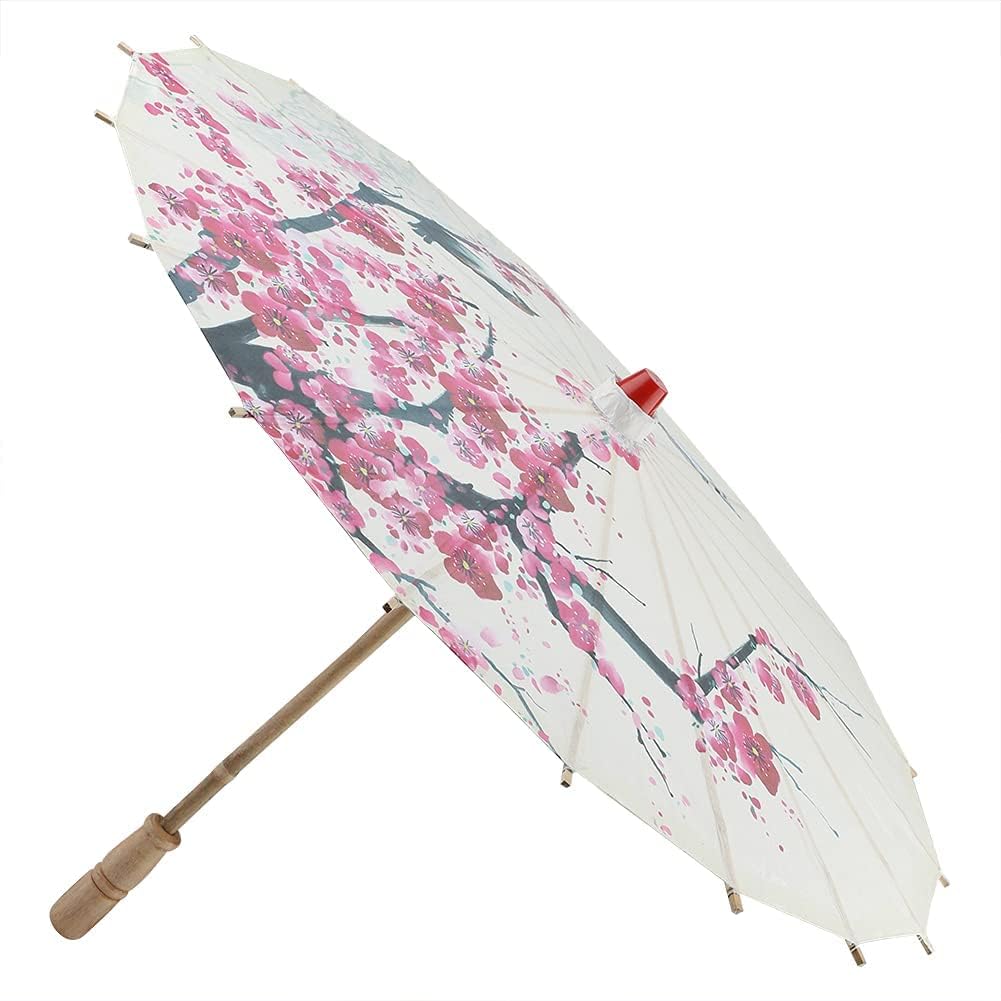 Smandy Girls Plum Traditional Handmade Oil Paper Umbrella For Dancing Props, Retractable Classical Rainproof Parasol With Blossoms Painting And Wooden Handle