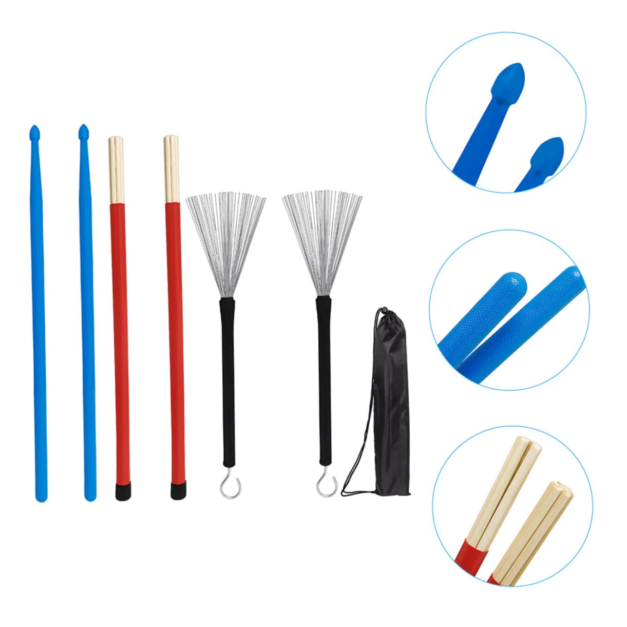 Kit Accessoires Batterie Comprenant Balai Fil D'acier, Baguettes Nylon Légères en Érable, Bloc de Serrage et Paquet de Rangement, Set Percussion Portable pour Répétition