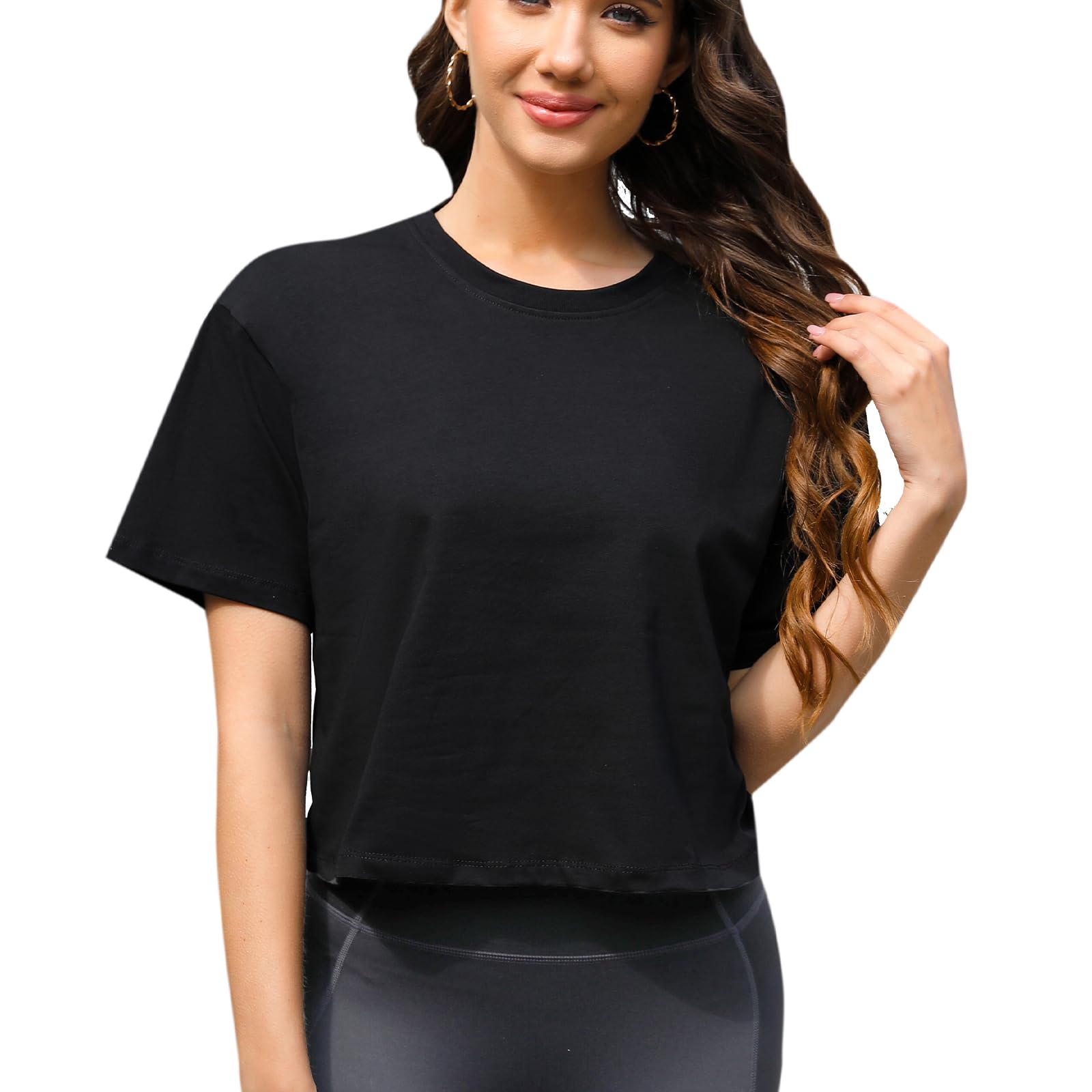 Women Workout Crop Top T-Shirt 100% Cotton Drop Shoulder Half Sleeve Oversized Yoga Running Cropped Loose Tee