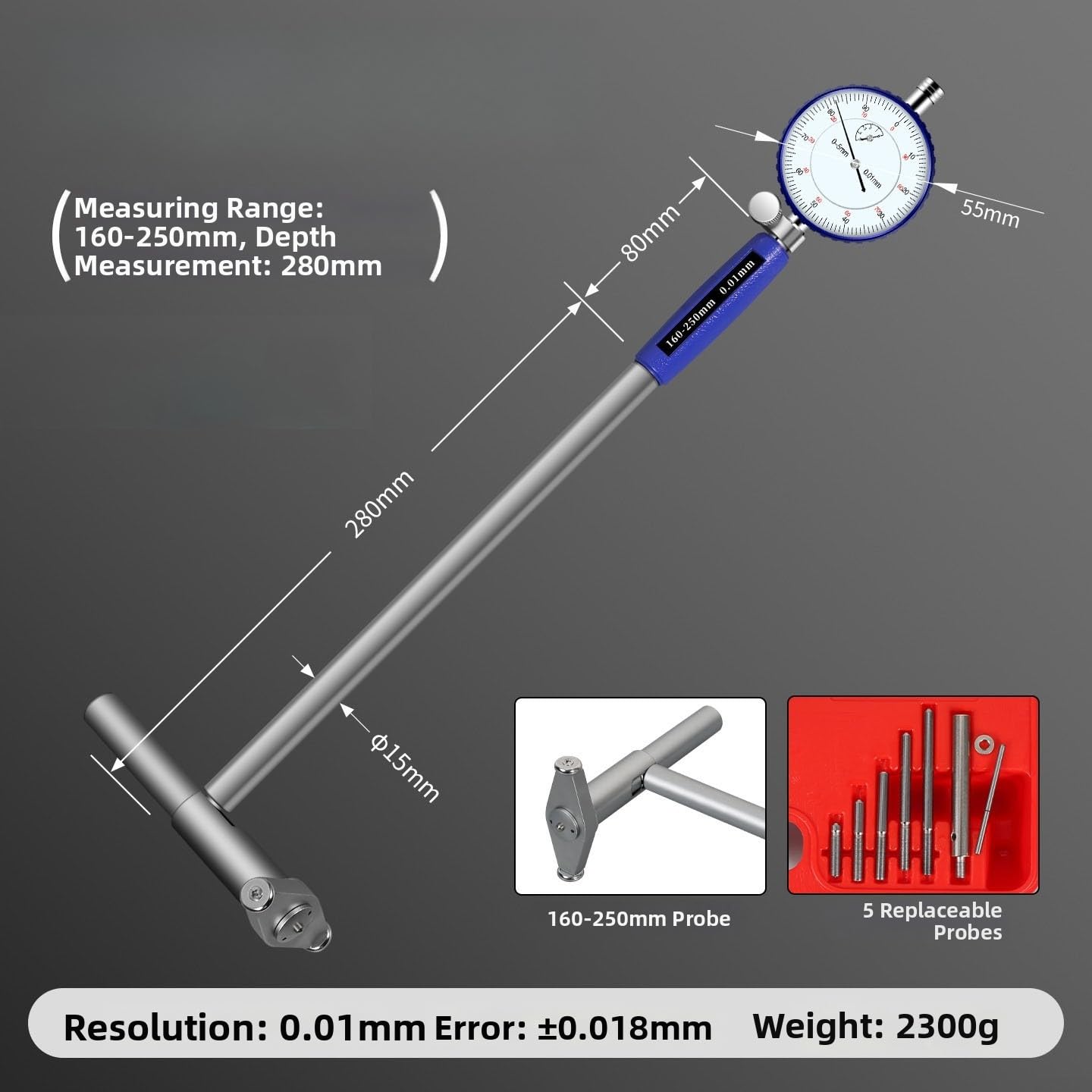 Messgerät für Messuhr für Messuhr, 50–160 mm, hohe Genauigkeit für Messuhr zur Überprüfung des Innendurchmessers in der Autoreparatur (160–250 mm)