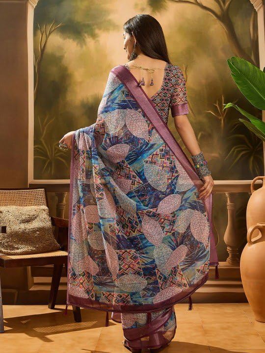 Women's Purple Cotton Geometric Print Saree, Multicolor, Casual and Festive Wear, with Blouse Piece