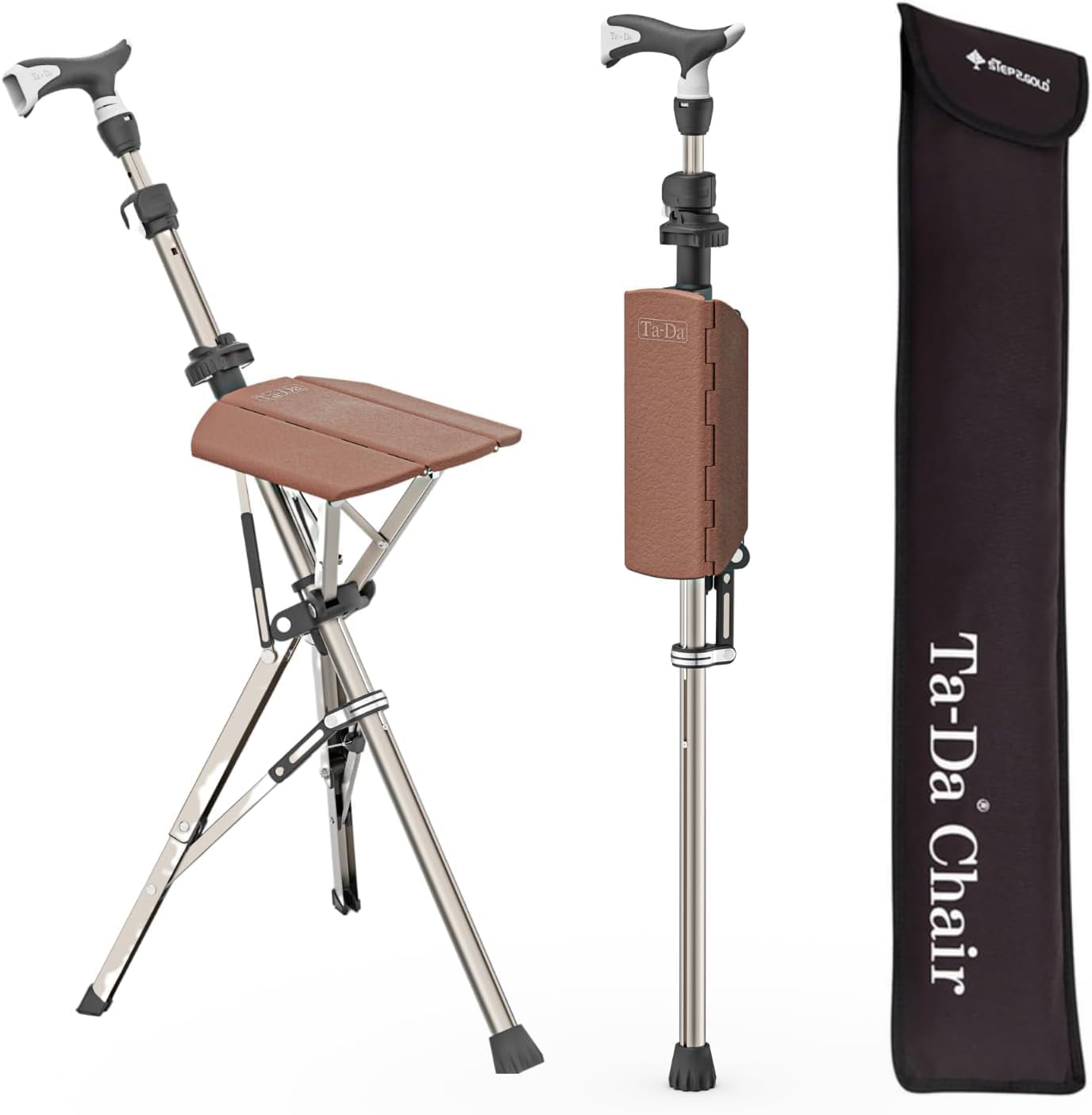 Ta-Da Chair PRO - Kij Turystyczny z Siedziskiem, Lekki Stołek Składany (do 120kg), Kompaktowy Design, Idealny na Podróż - Brązowy, Regulowany