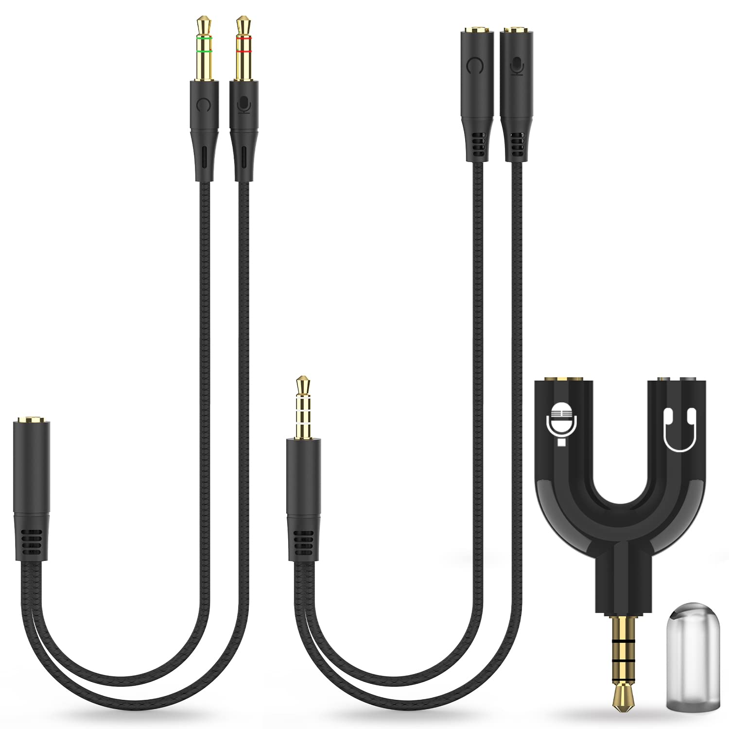 Sovunis 3-in-1 Headphone Splitter Adapter - 3.5mm Male to 2 Port Female & Female to 2 Port Male Aux Stereo Y Jack Cable for PS4, Xbox, Phone, PC, Tablet, Laptop, Gaming Headset