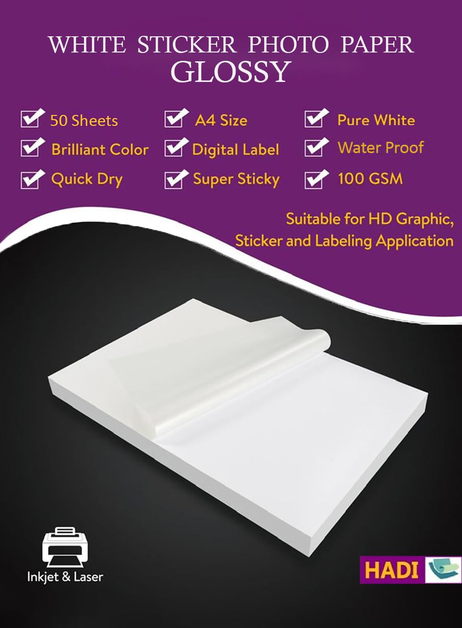 A4 Glossy White Sticker Premium Photo Paper -50 sheets Self Adhesive Labels- Printable for Inkjet & Laser Printer-Waterproof -Brilliant Color,Quick Dry Multi use Full Sheet for DIY Personalized Decal