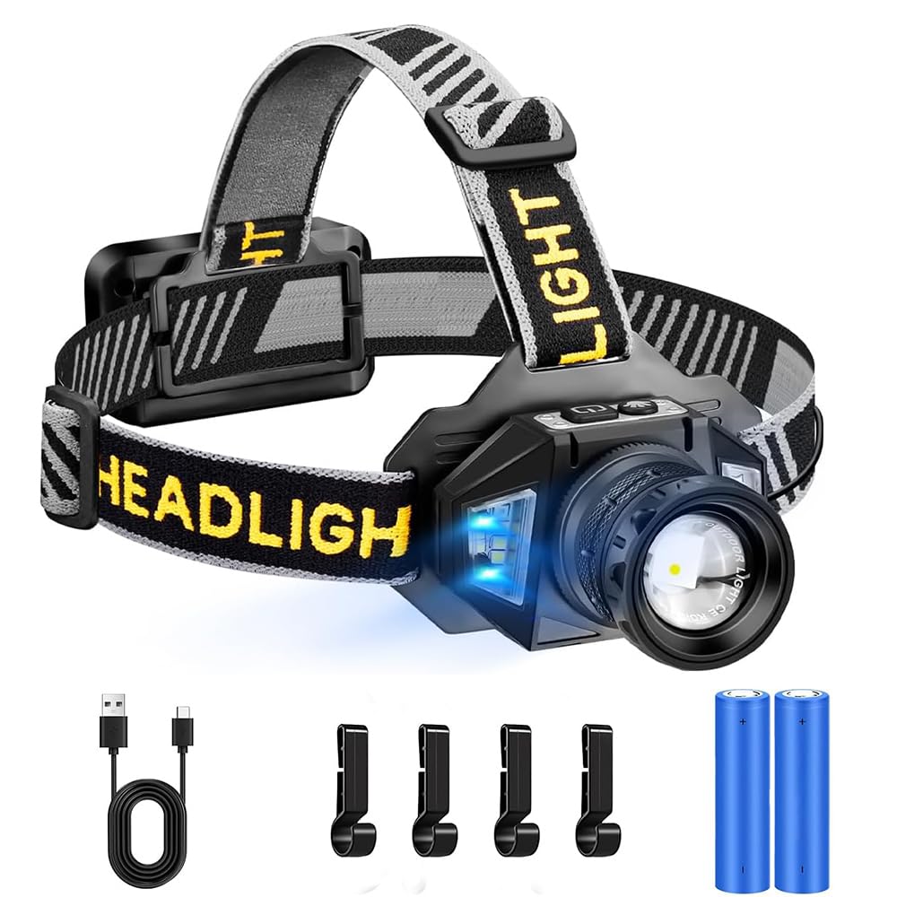 Lampada Frontale LED Ricaricabile, Super Luminosa 120000 Lumen, Lampada Frontale con 12 Modalità & Sensore & Impermeabile IPX7 & Angolo Regolabile 90°, Lampada Frontale LED per Campeggio e
