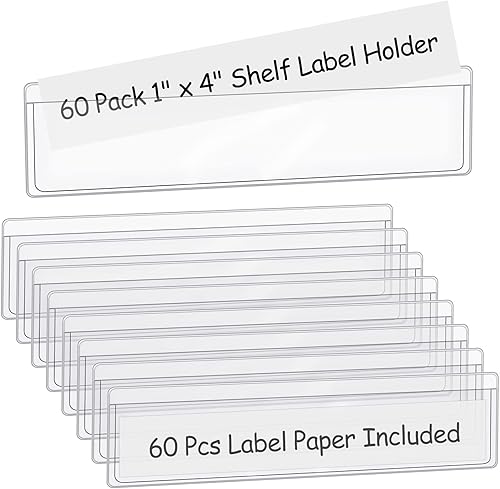 Paquete de 60 soportes de etiquetas autoadhesivos de 1.2 x 4.3 pulgadas con 60 insertos de etiquetas de papel, bolsillos transparentes para