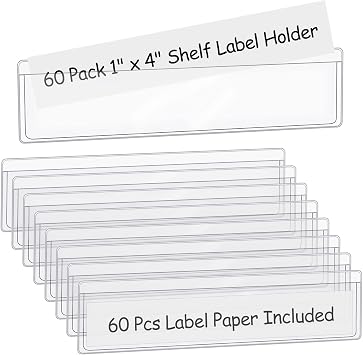 60 Pack 1.2" x 4.3" Self Adhesive Label Holders with 60Pcs Paper Label Inserts, Shelf Tag Label Holder Clear Pockets for Bookshelf Mailbox Shelves Storage Bins | PVC clear pockets, removable adhesive, fits shelves bins mailboxes, protects labels from dust and water