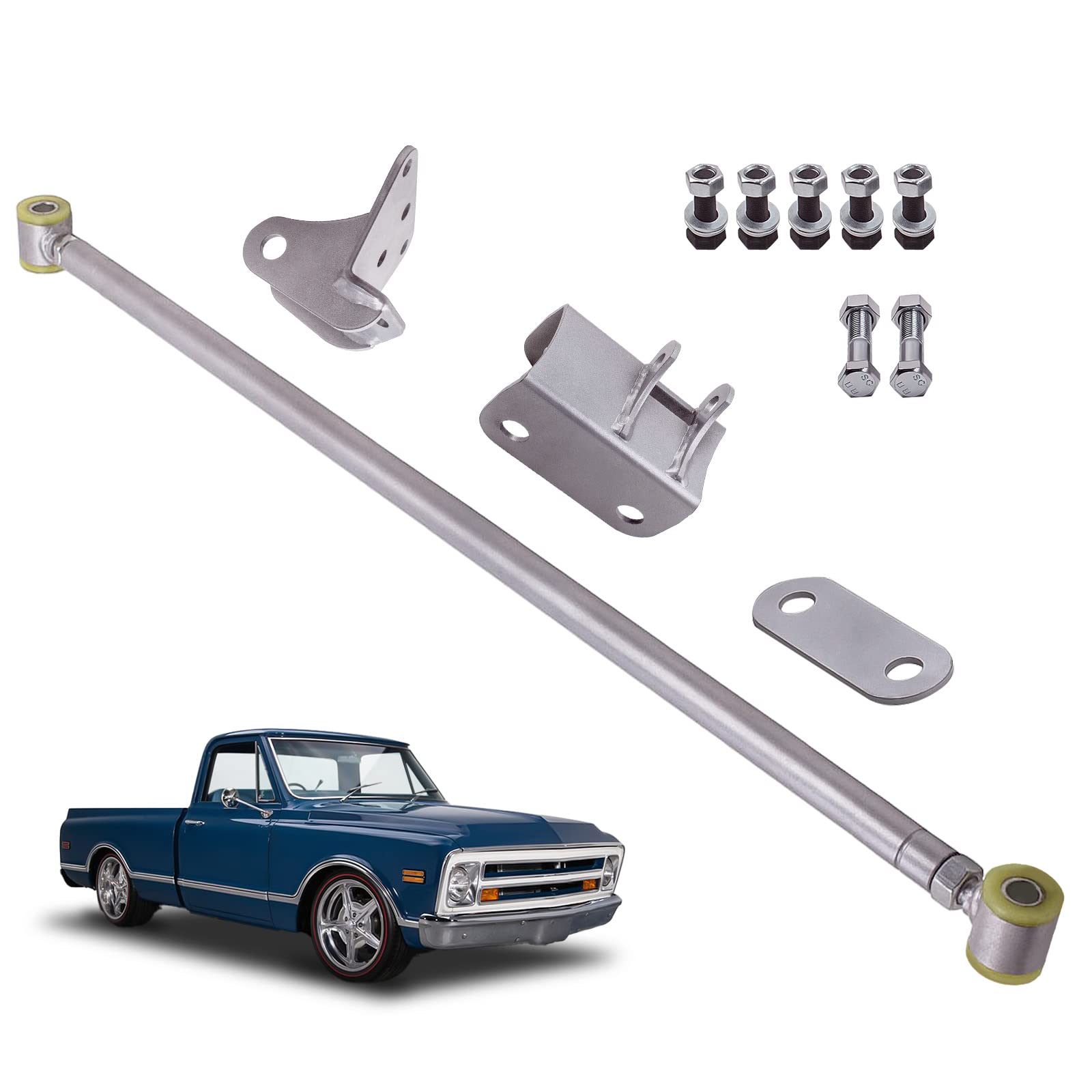 Adjustable Track Bar Kit For Chevy C10 Pickup 1960-1972 – Rear Steel Trac Bar With Drop Mounts, Poly Bushings, Silver Powder Coat