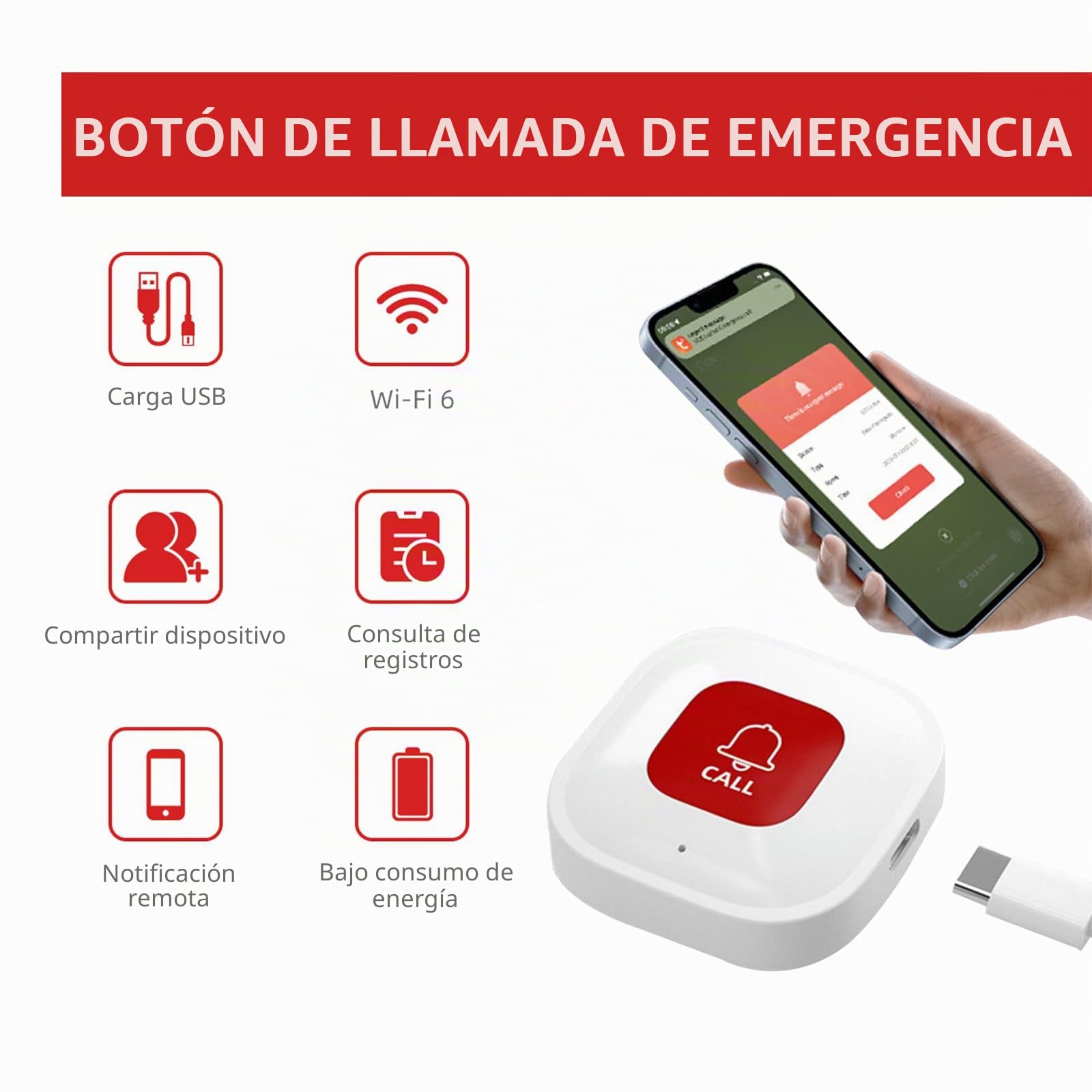 Botón de emergencia inteligente WiFi para personas mayores, blanco, control de aplicación Tuya, alcance WiFi de 10 m