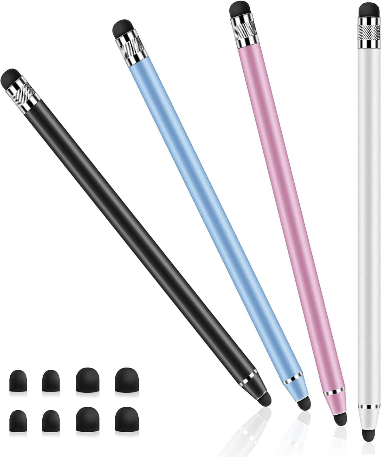 Stylet Tablette Universel 2 en 1 pour Écran Tactile, 4 Pièces avec 8 Embouts de Rechange pour Smartphones, Tablettes, Samsung Galaxy, iPad (Argent+Noir+Rose+Bleu)