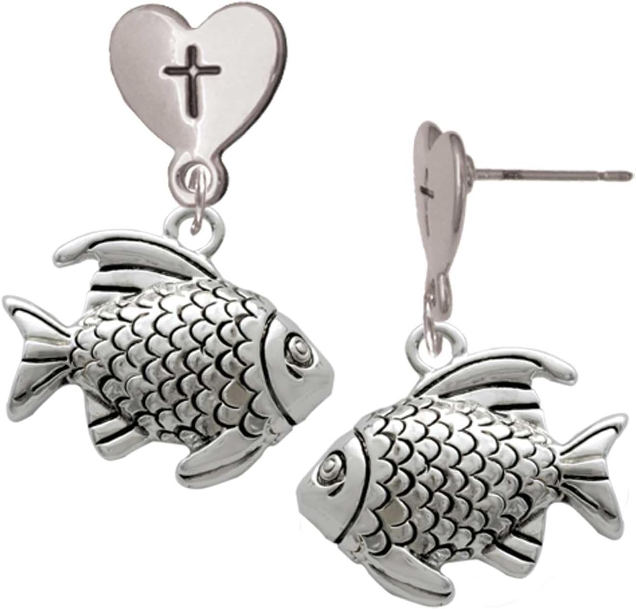 Delight Jewelry Silvertone Antiqued Fish Cross in Heart Post Dangle Earrings