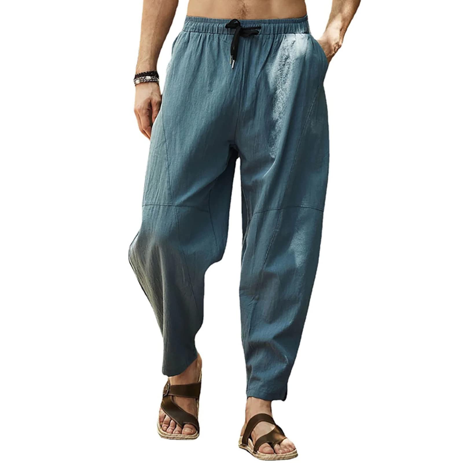 Cooleep Pantaloni Lino Uomo Estivi Casual Pantaloni Elasticizzati Leggeri da Yoga Spiaggia