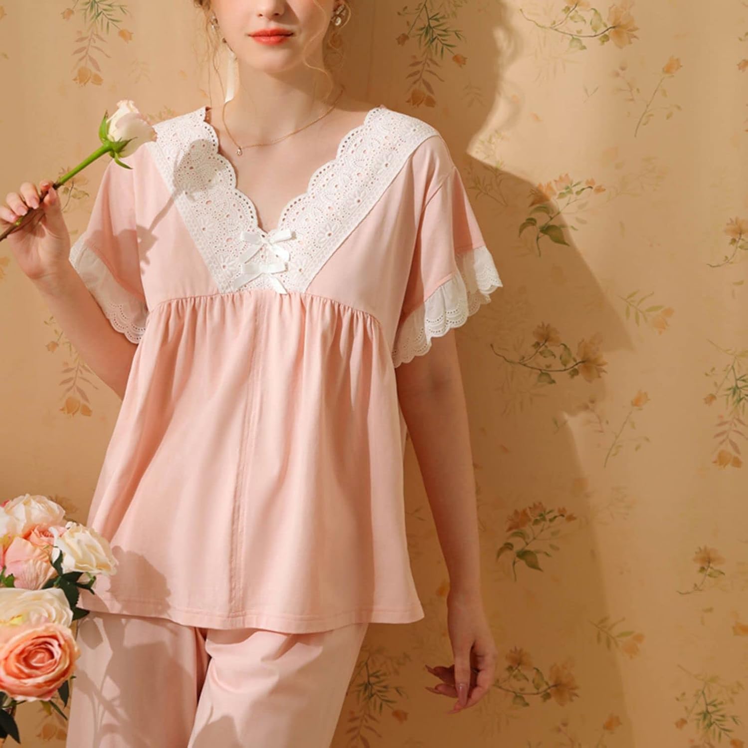 Women's Cute Cotton Pajama Set Summer 2 Piece V Neck Lace Sleeping Shirt Capri Pants Set Soft Comfy Sleepwear