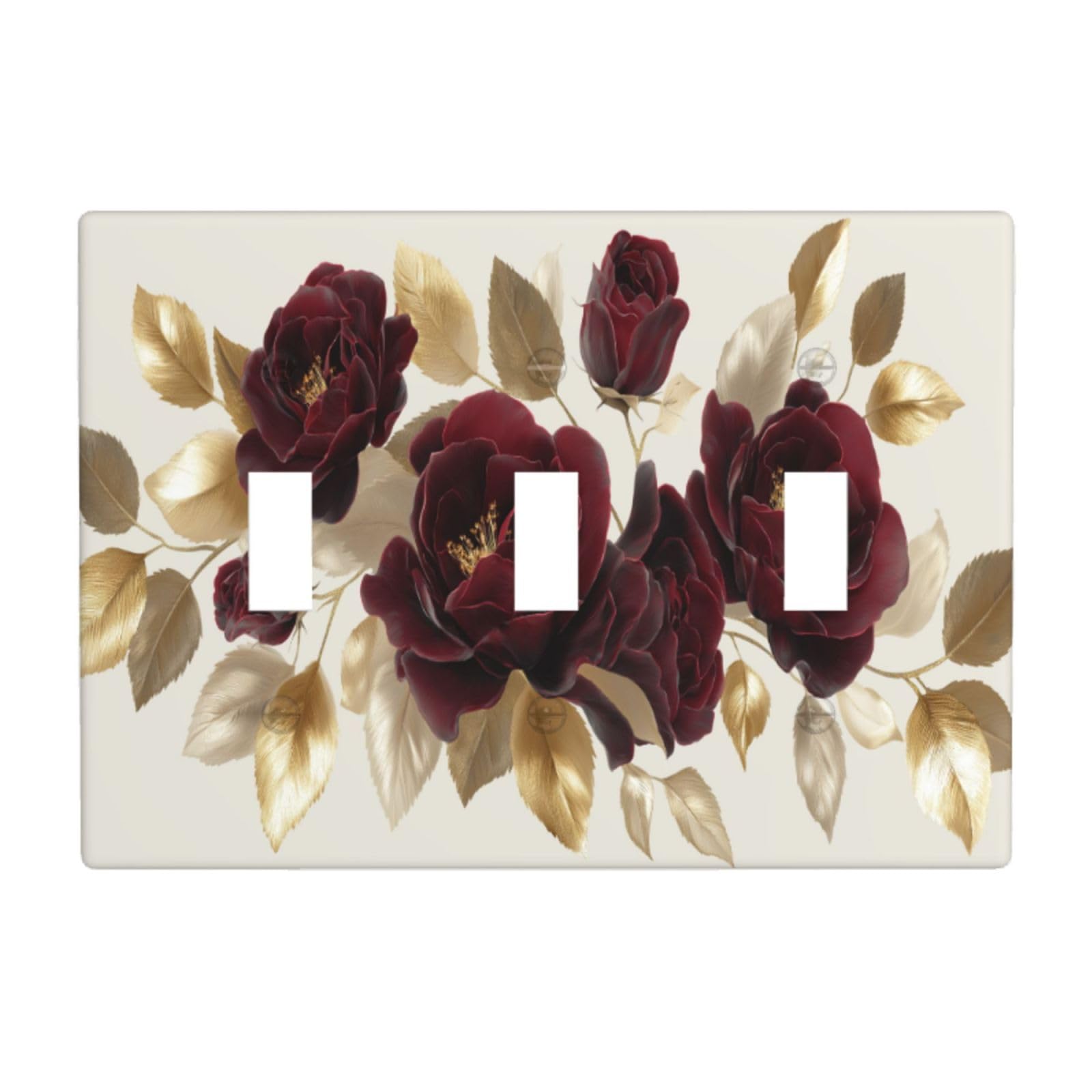 Woshuwo White Red Roses Shiny Gold Metal Foliage Light Switch Covers 3 Gang Triple Toggle Wall Plate Switchplate Electrical Faceplate For Bathroom Kitchen Bedroom Decor
