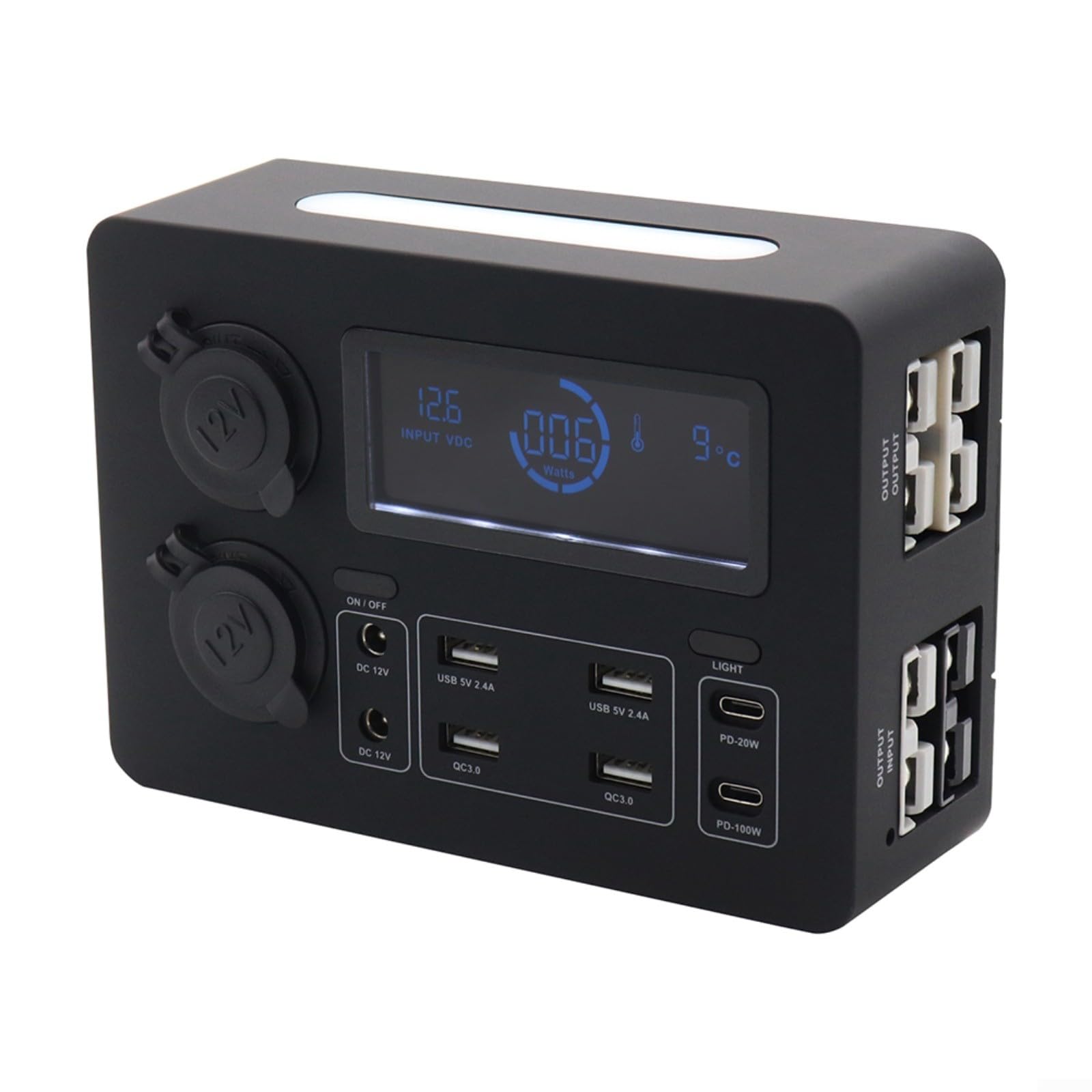 Caja de alimentación de coche de 100 W y 12 V con pantalla LCD, enchufes duales de 12 V, 6 puertos USB, carga rápida para concentrador, RV, barco, SUV (sin línea)