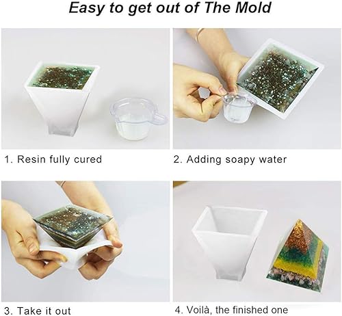 Miniatura 6 de Moldes de resina de silicona, 5 moldes de fundición de resina, incluyendo esfera, cubo, pirámide, cuadrado, redondo con 1 taza medidora y 5 pipetas