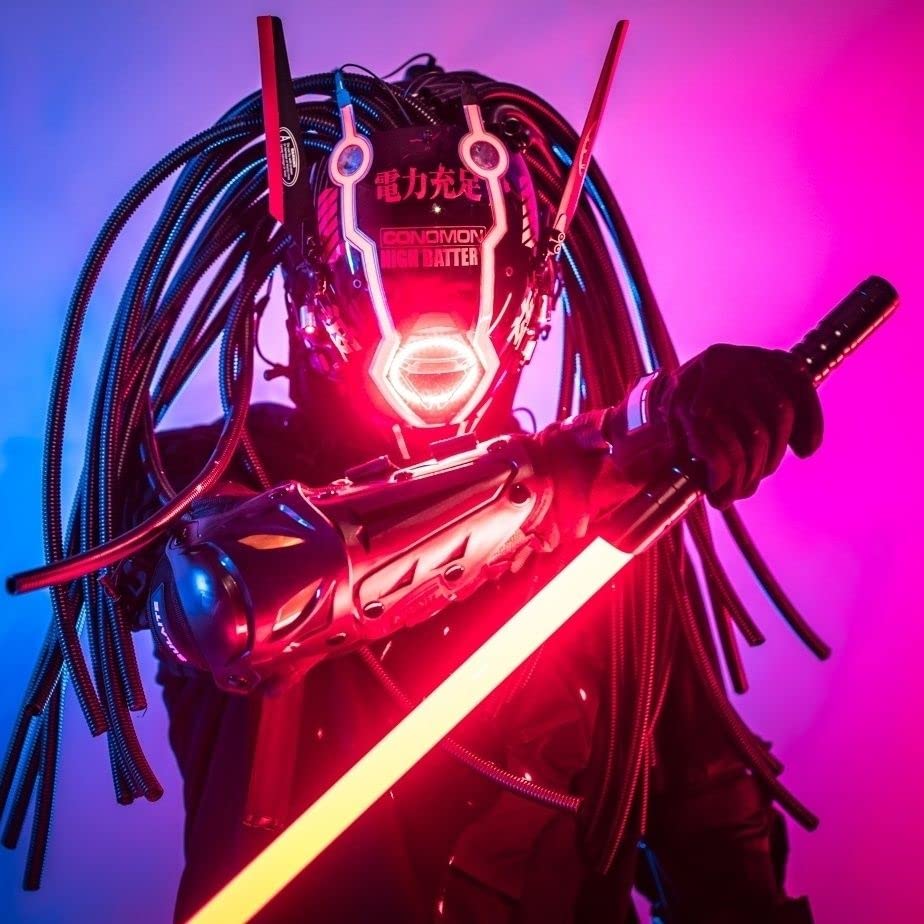 BIKETEK Cyberpunk Mask Cosplay LED Light Futuristic Mecha Warrior Helmet Sci-Fi Black Full Face Mask Perfect for Halloween