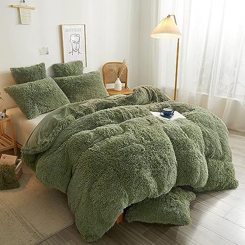 Michorinee Flauschige Plüsch Bettwäsche 155x220 Winter Bettbezug Salbeigrün – Ansicht 2