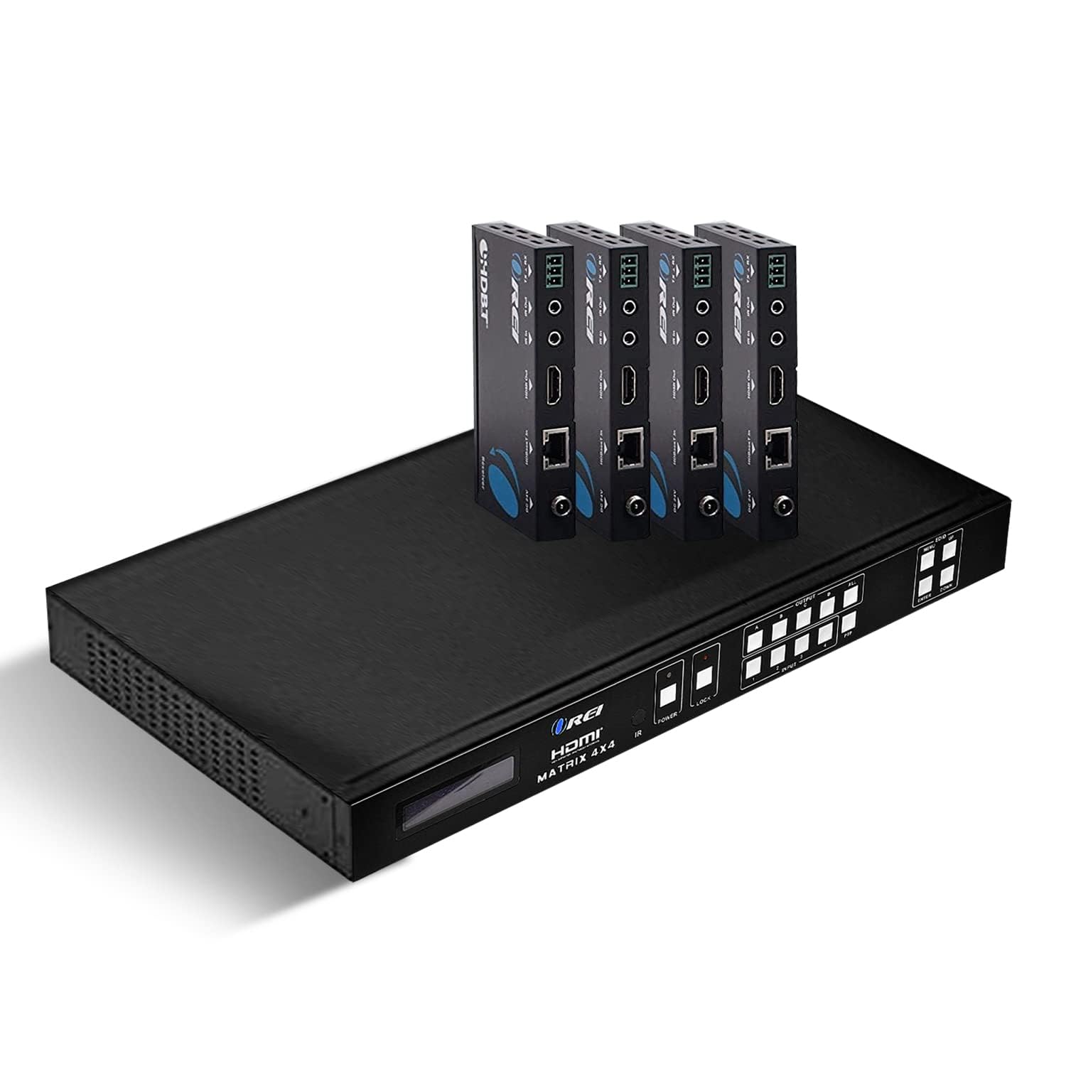 OREI Professional 4K 4x4 HDMI Extender Matrix - HDBaseT UltraHD 4K @ 60Hz 4:2:0 Over Single CAT5e/6/7 Cable with HDR Switcher & IR Control, RS-232 - Up to 230 Ft - Loop Out - 4 Receivers Included