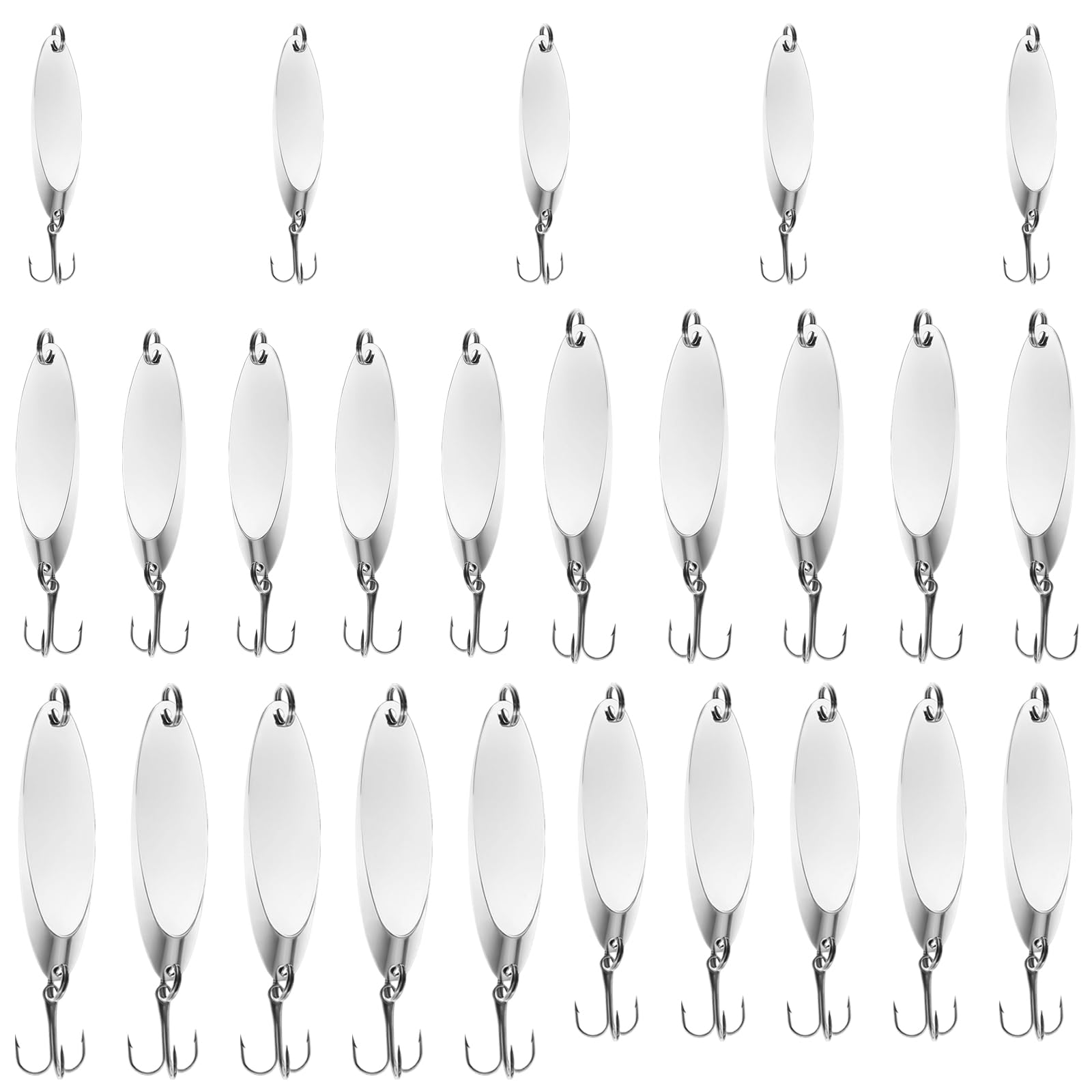 Angelköder, Löffel, Forellenköder, Hartmetall, Spinner, Barschköder, 5 Größen, Gießlöffel, Haken für Lachsbarsch, 1/5, 1/4, 3/8, 1/2, 3/4 Unzen, 30 Stück
