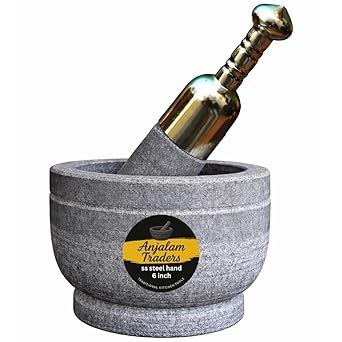 Mortar and Pestle Set, 4 inch, Grey Stone with Stainless Steel Pestle, Made in India