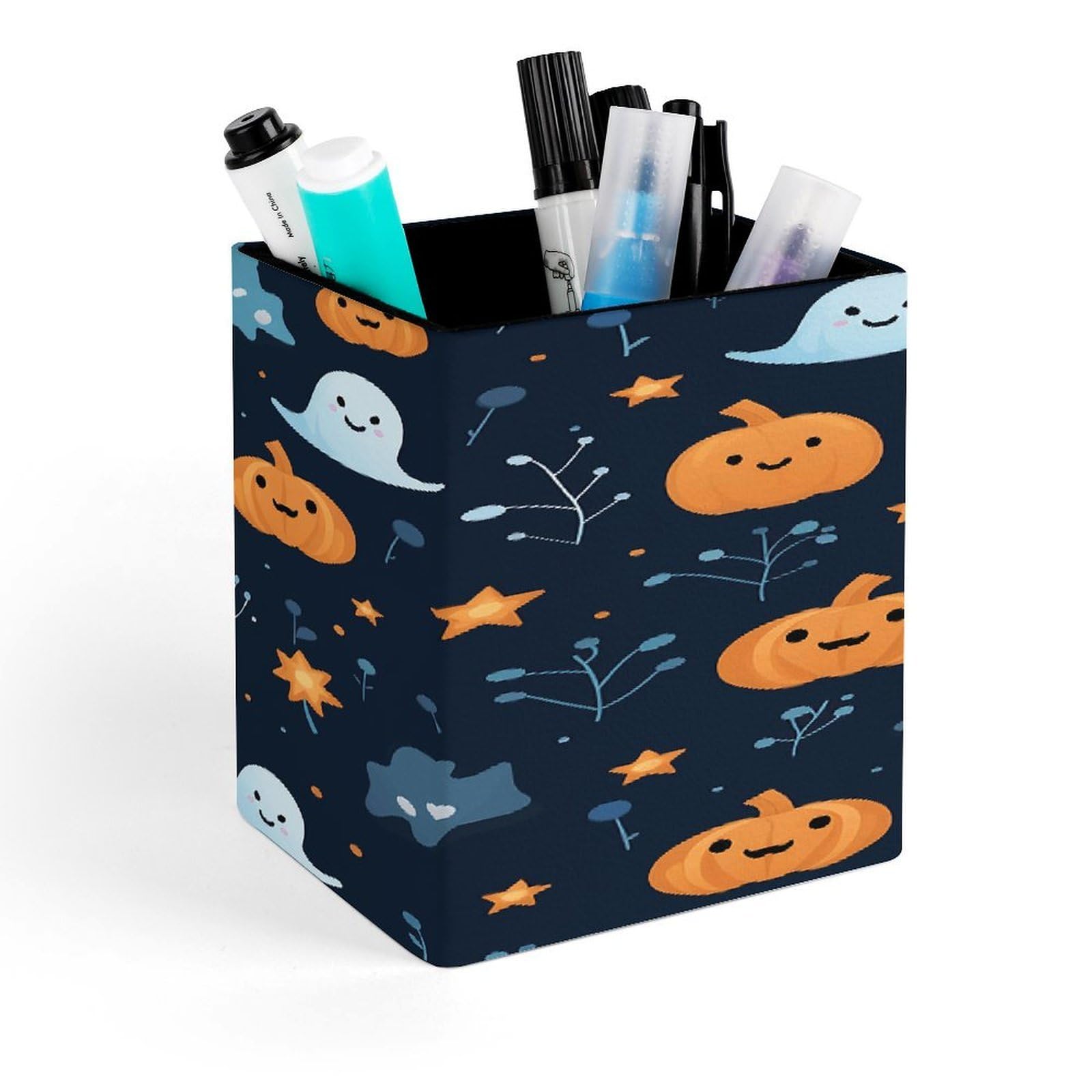 FekiLoot Ghosts And Pumpkins Pencil Holder for Desk Square Leather Pen Holder Cup Desktop Organizer Multi-Functional Pencil Cup Holders Modern Decorative Desk Organizer Caddy Makeup Brush Holders