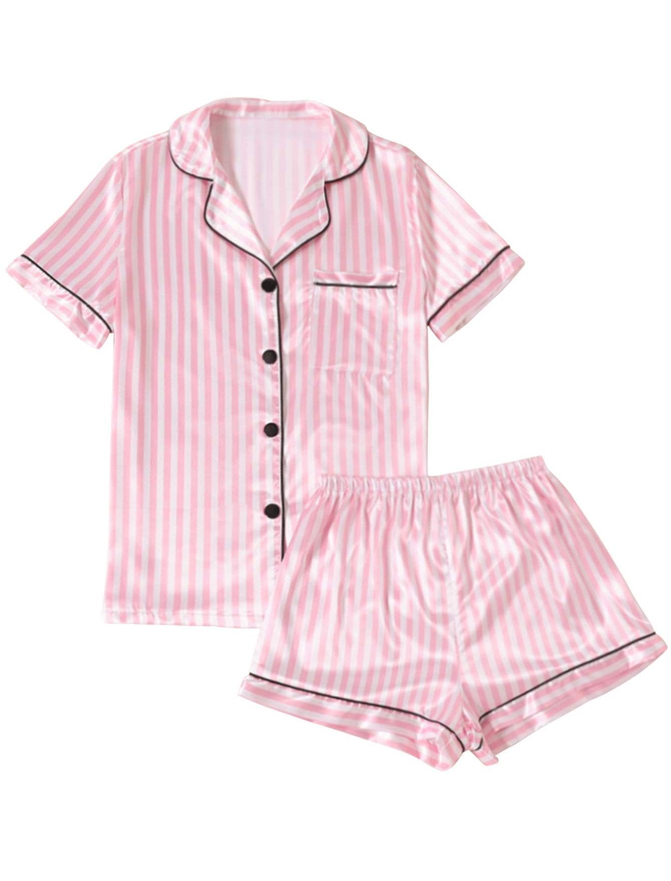 Remidoo Women's Silk Satin Pajama Set Striped Button Up Pjs Short Sleeve Loungewear