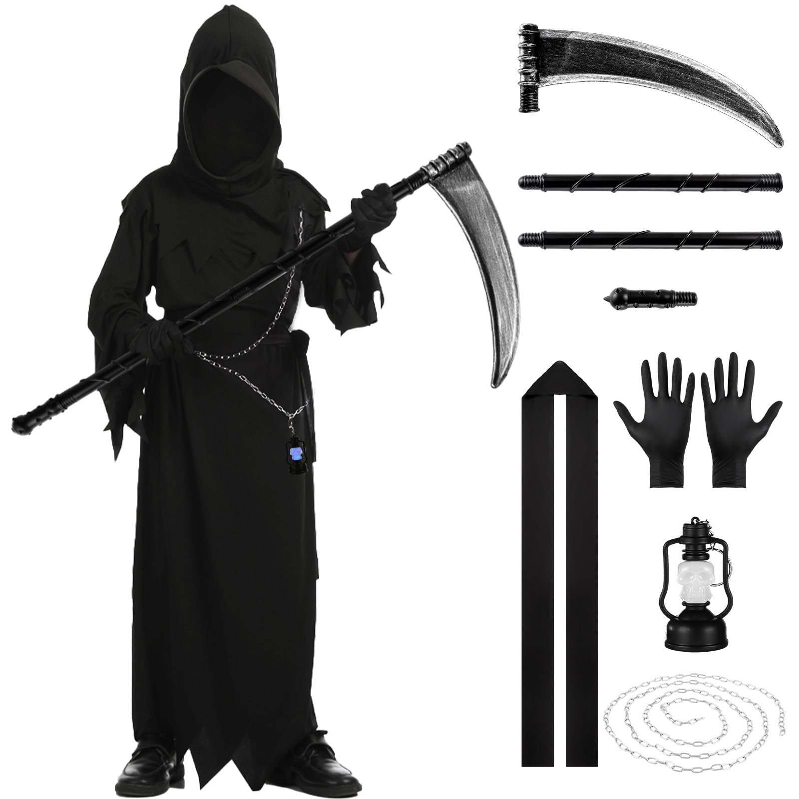 MEGETGOD Grim Reaper Costume, Scary Halloween Costumes Set including Scythe, Chain Belt, Glowing Skull Lantern