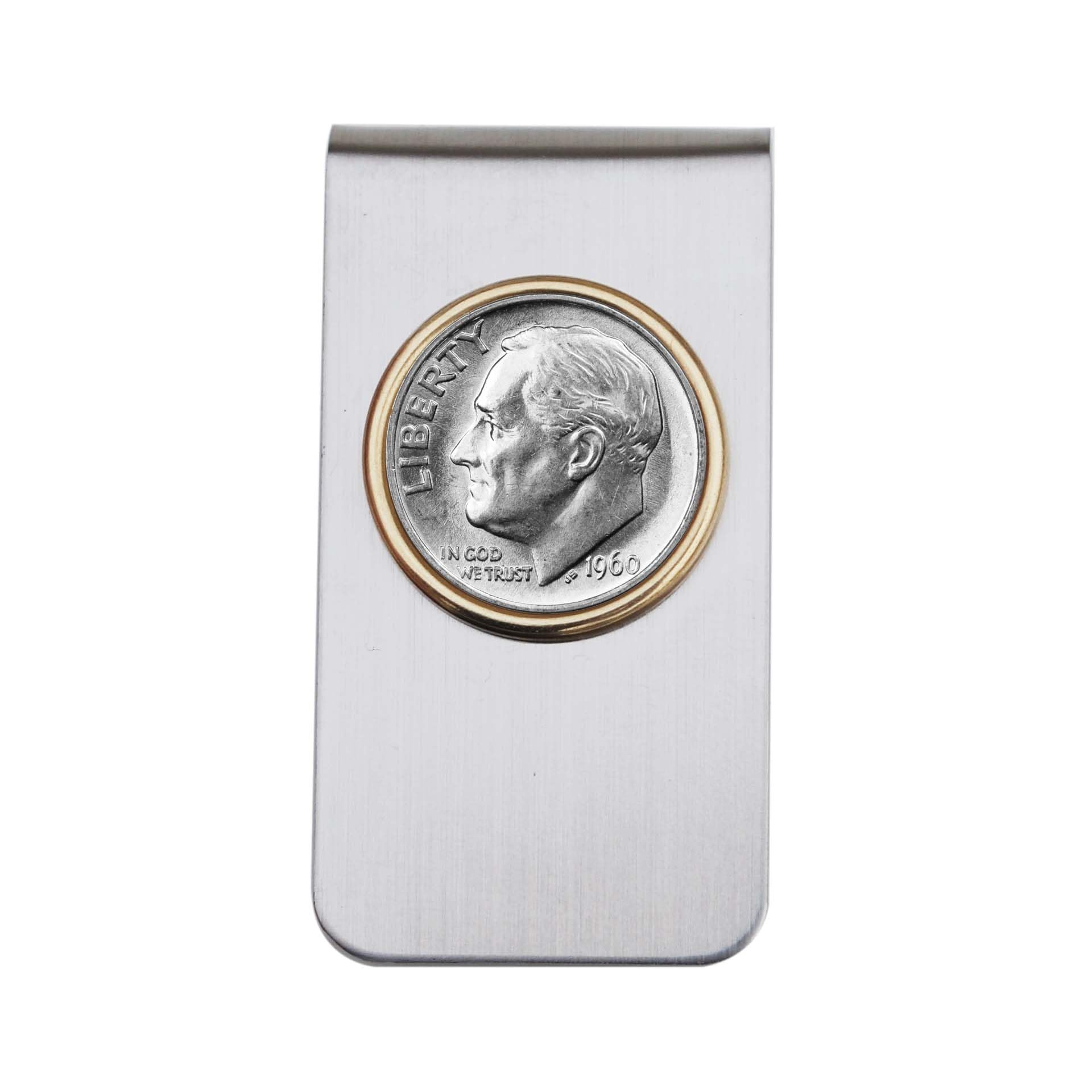 US 1960 Roosevelt Dime 90% Silver BU Uncirculated 10 Cent Coin Two Toned Stainless Steel Money Clip New