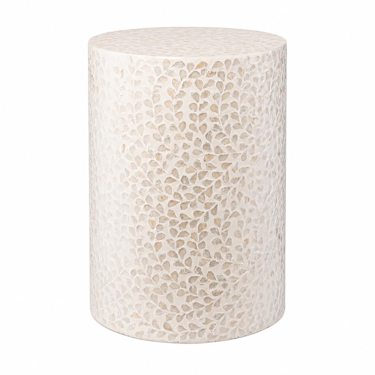 PEMAR Capiz Shell Cylinder Drum End Table in White Cream Floral