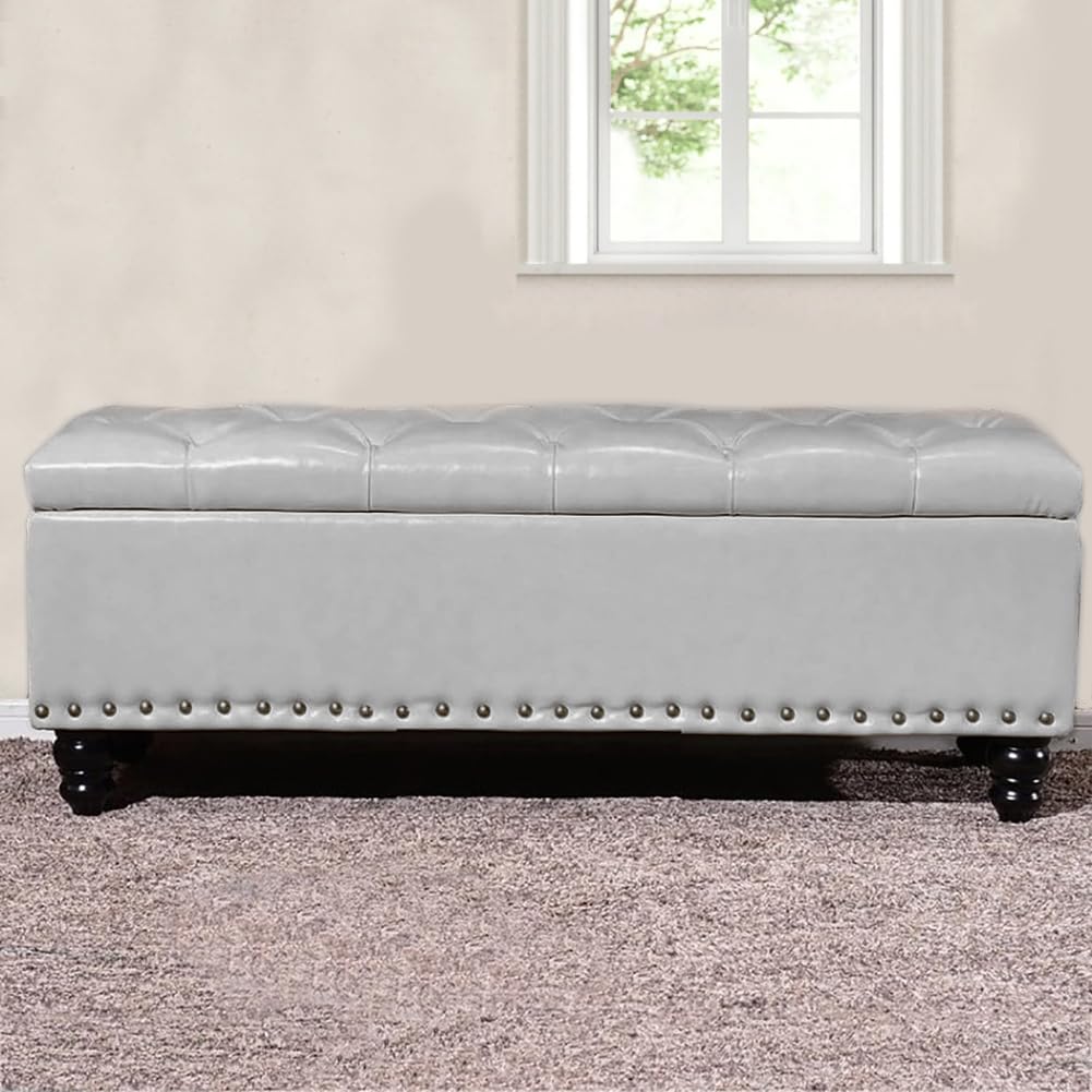Shally Dogan Pouf de Rangement avec revêtement en Simili Cuir, Repose-Pieds pour Chambre à Coucher, Banc, Tabouret de Salon, canapé avec Structure et Pieds en Bois (Gris Clair)