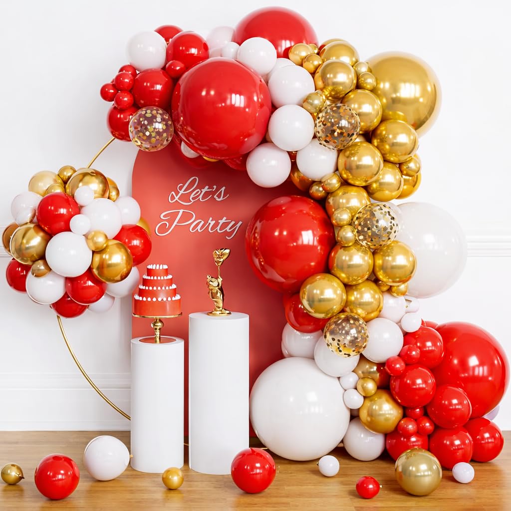 Gold And White Balloon Arch Kit Red Balloons Confetti Balloons for Men, Boy Birthday Party, Wedding, Anniversary, Retirement Decorations ballons 50 pack, Balloons Garland Kit